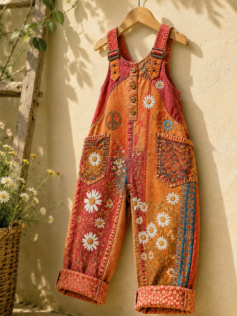 Women's Retro Style Art Print Washed Cotton Denim Patchwork Jumpsuit